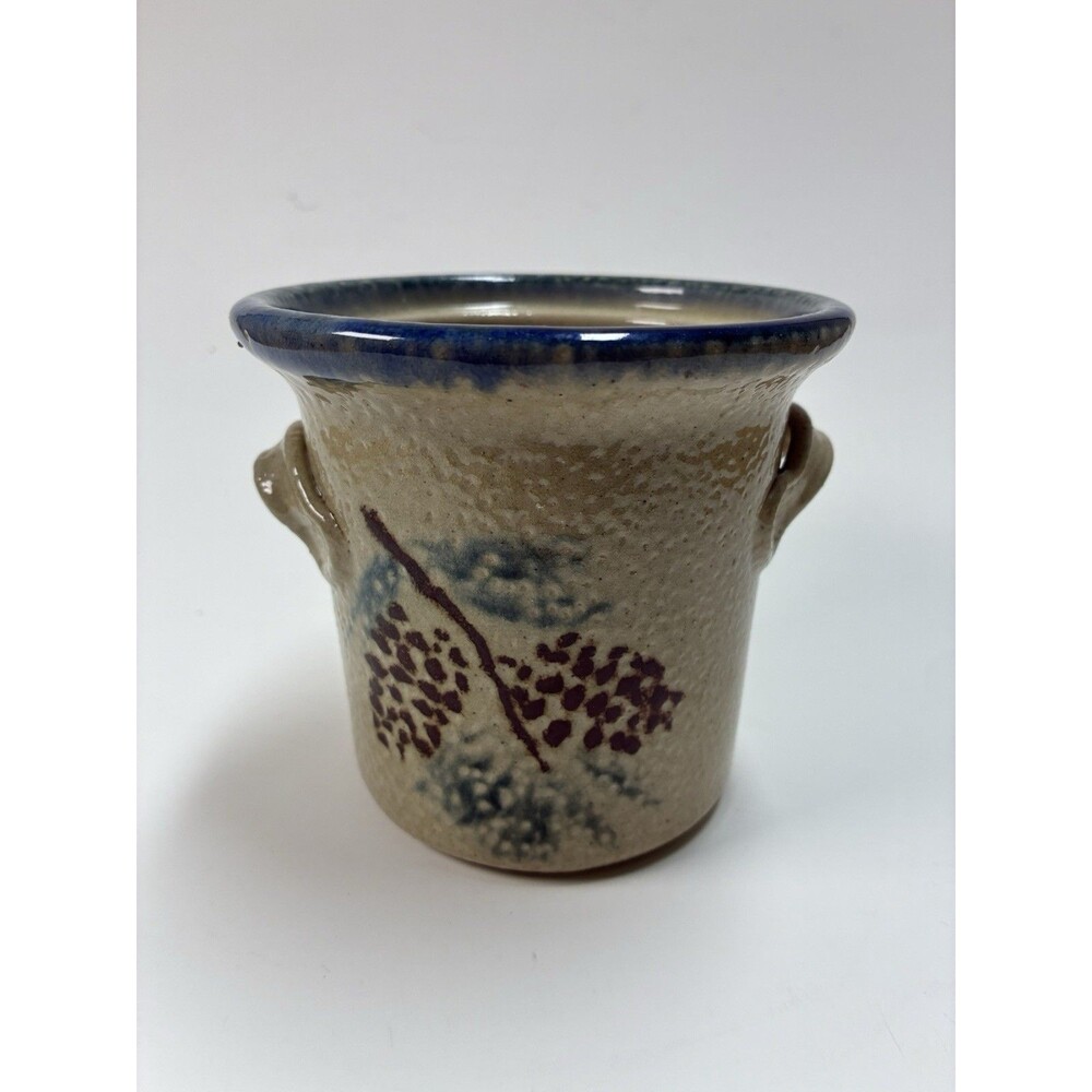 Handmade Two Handled Salt-Glazed 4” Crock With Blueberry Basket Design Country
